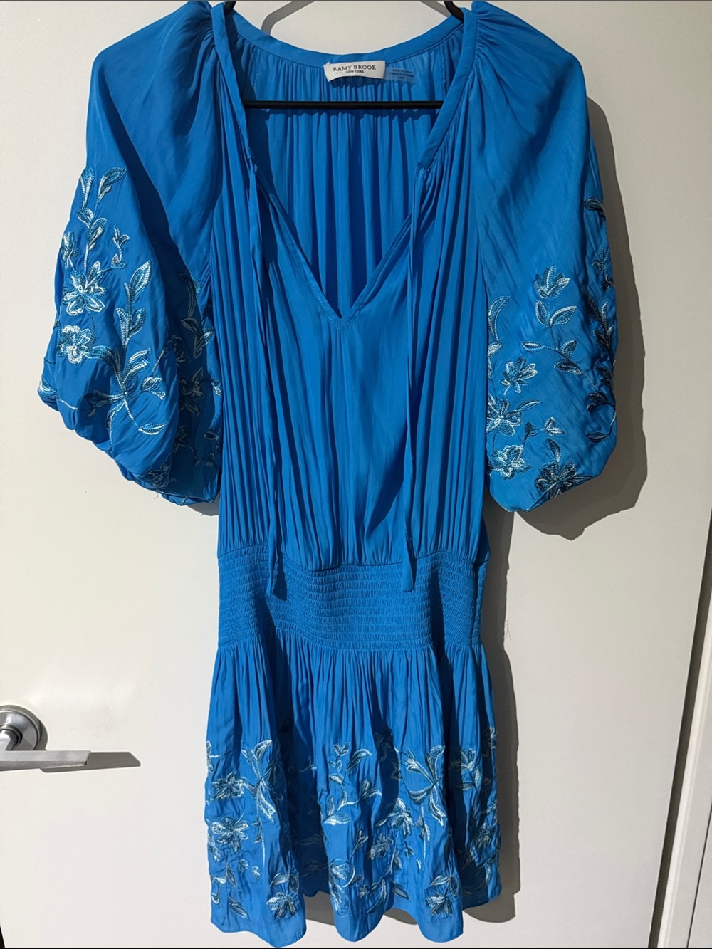 Ramy Brook Electric Blue Embroidered V-Neck Puff Sleeve Tunic